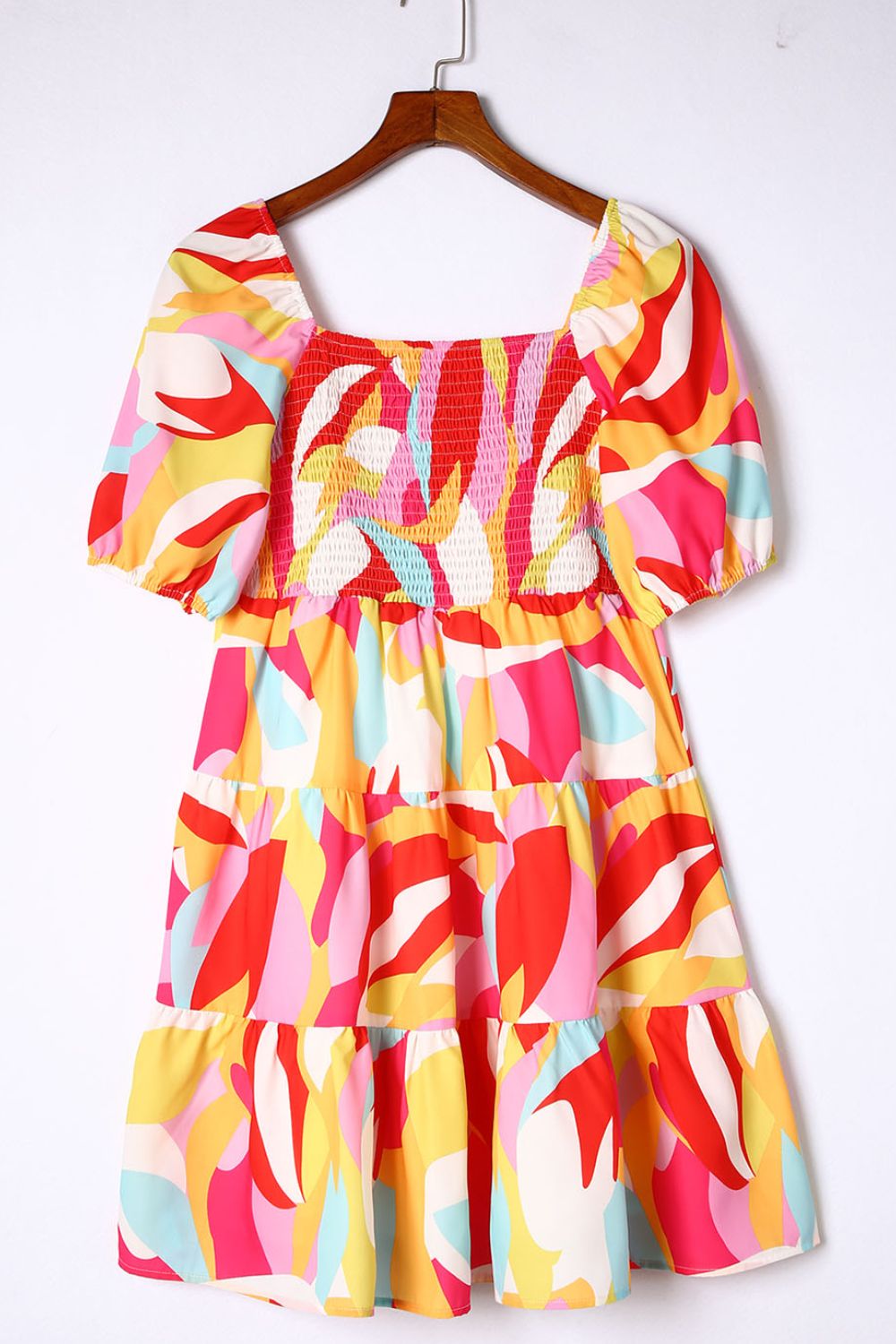 Smocked Printed Puff Sleeve Mini Dress.