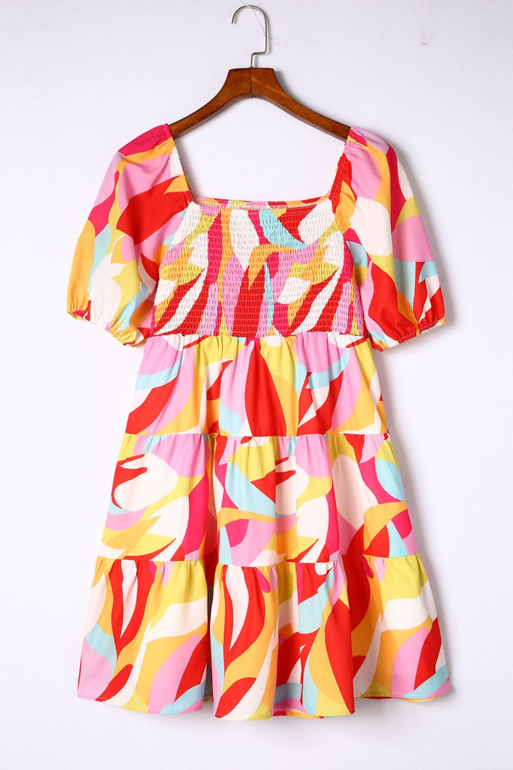 Smocked Printed Puff Sleeve Mini Dress.