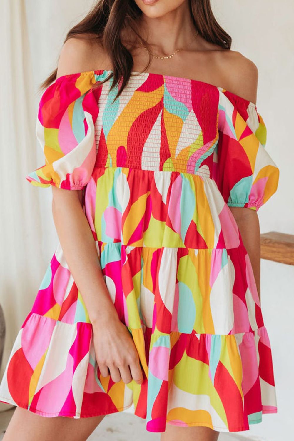 Smocked Printed Puff Sleeve Mini Dress.
