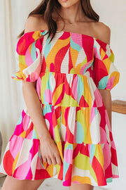 Smocked Printed Puff Sleeve Mini Dress.