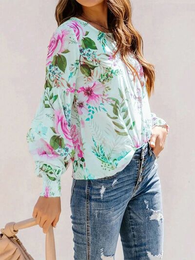 Smocked Printed Round Neck Lantern Sleeve Blouse.