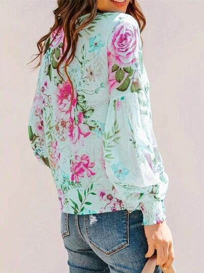 Smocked Printed Round Neck Lantern Sleeve Blouse.