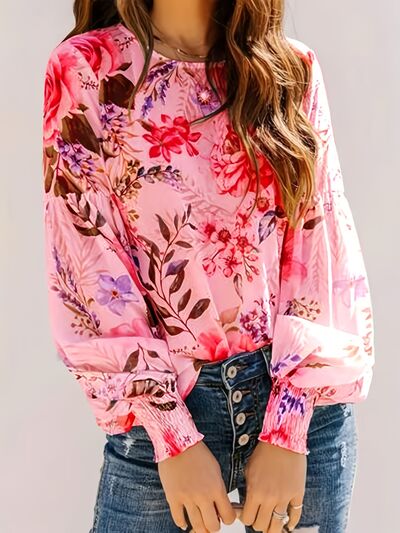 Smocked Printed Round Neck Lantern Sleeve Blouse.