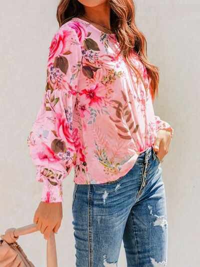 Smocked Printed Round Neck Lantern Sleeve Blouse.