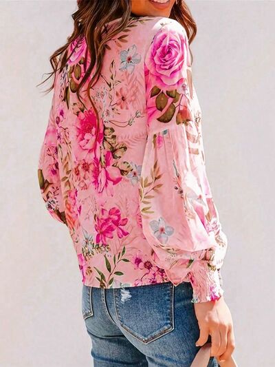 Smocked Printed Round Neck Lantern Sleeve Blouse.