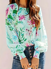 Smocked Printed Round Neck Lantern Sleeve Blouse.