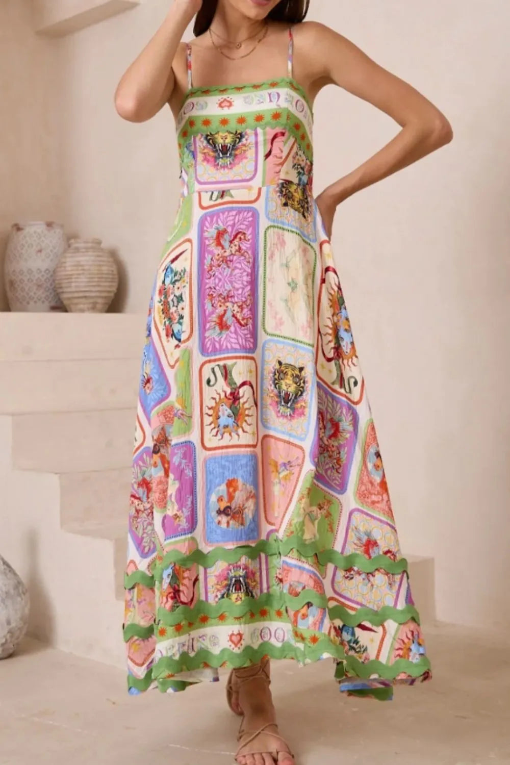 Floral Buttoned Drawstring Waist Tiered Midi Dress.
