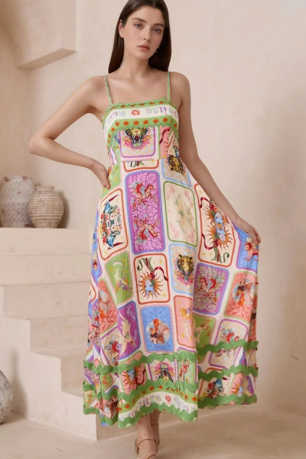 Smocked Printed Square Neck Cami Dress.