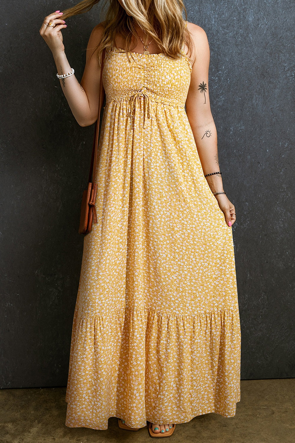 Smocked Printed Square Neck Maxi Cami Dress.