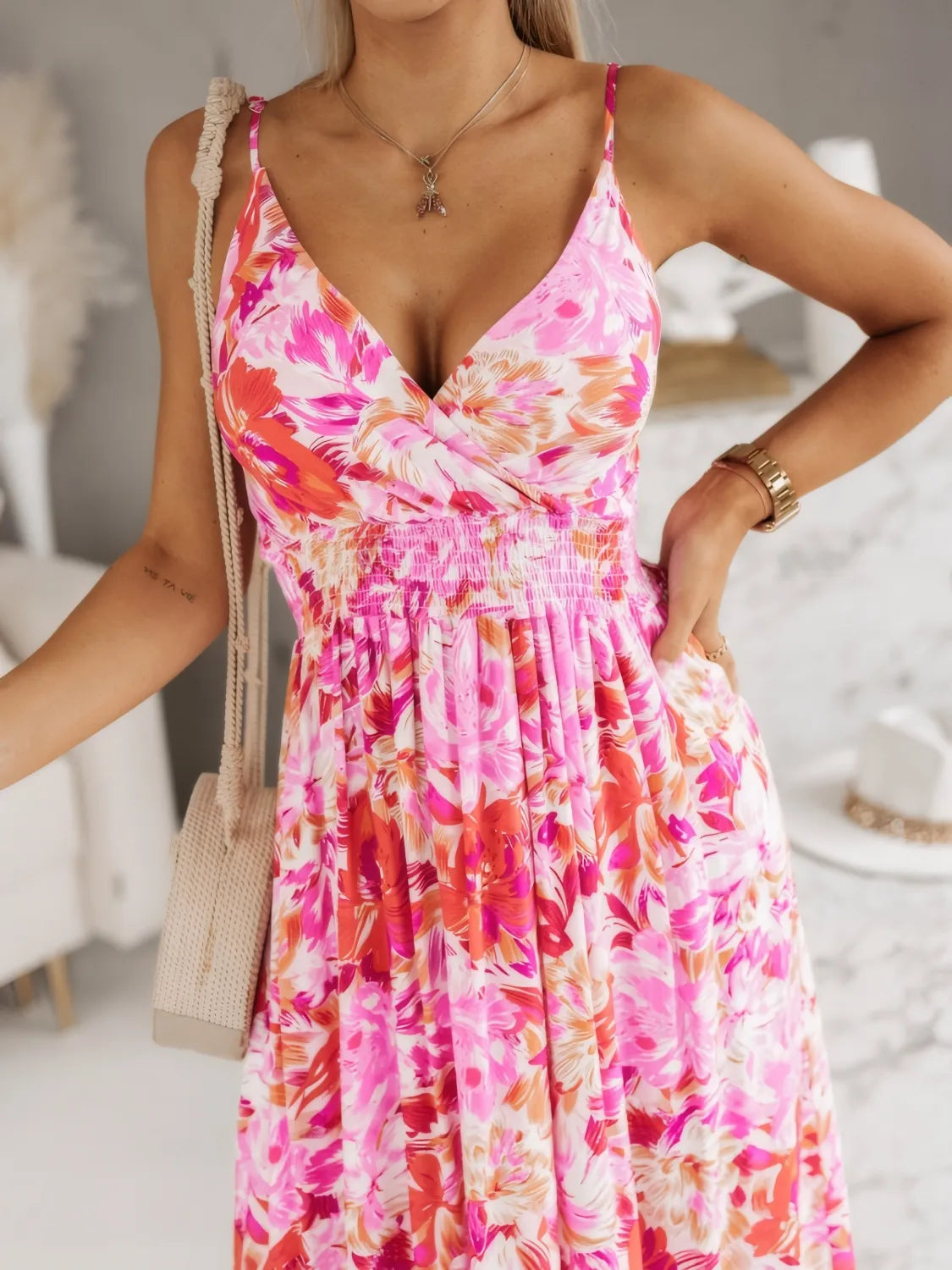 Smocked Printed Surplice Maxi Cami Dress.