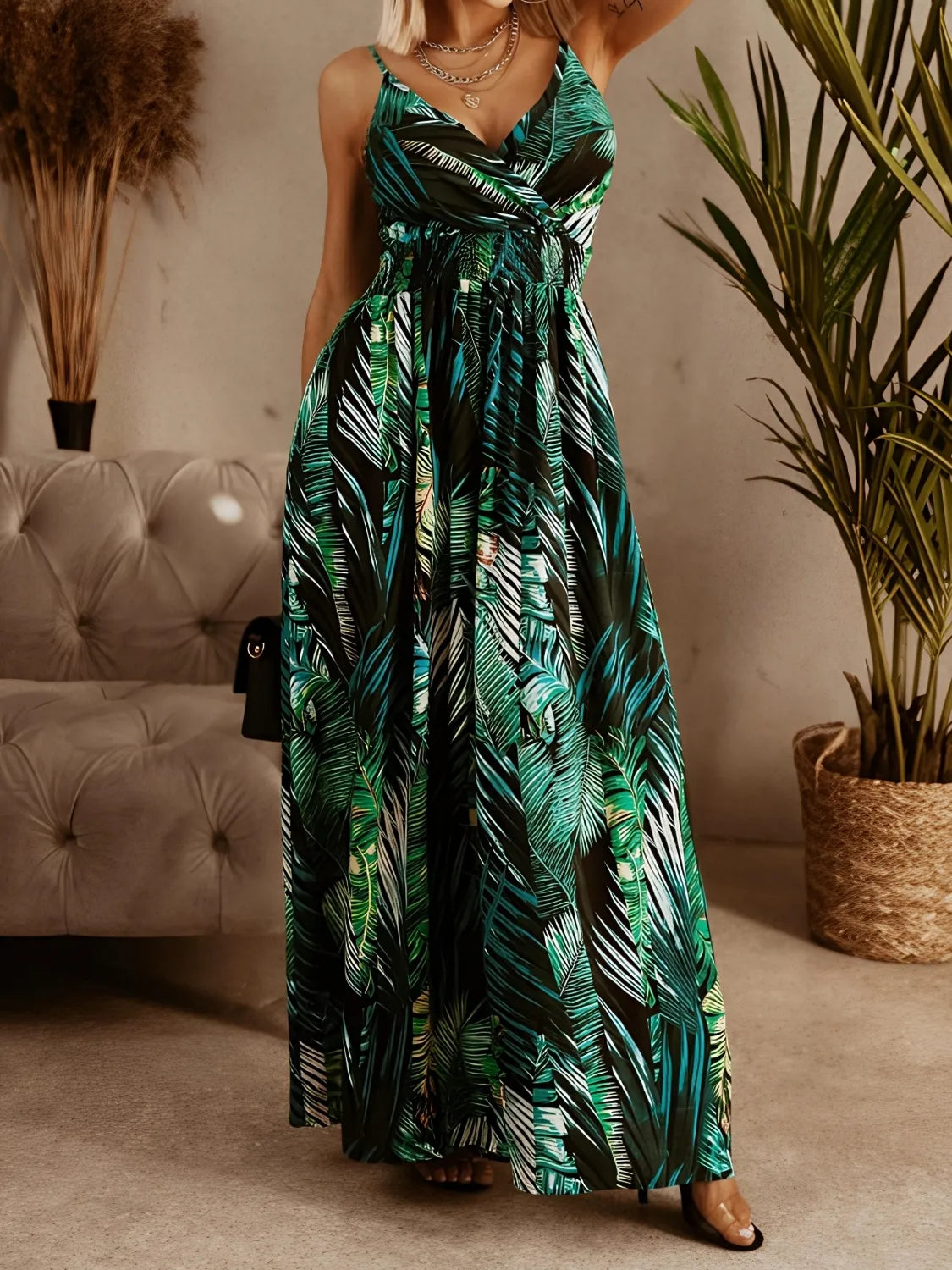 Smocked Printed Surplice Maxi Cami Dress.