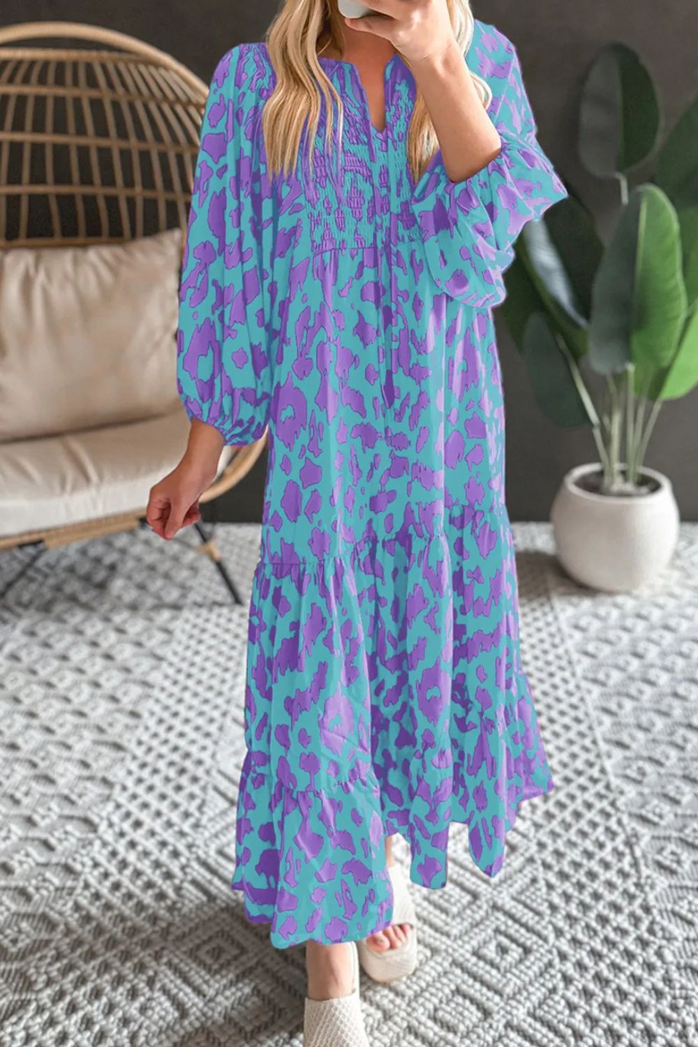 Smocked Printed Tie Neck Long Sleeve Dress.