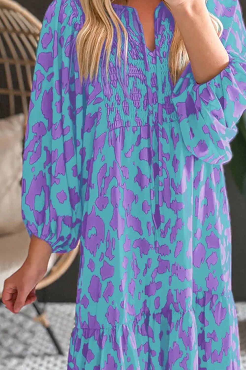 Smocked Printed Tie Neck Long Sleeve Dress.