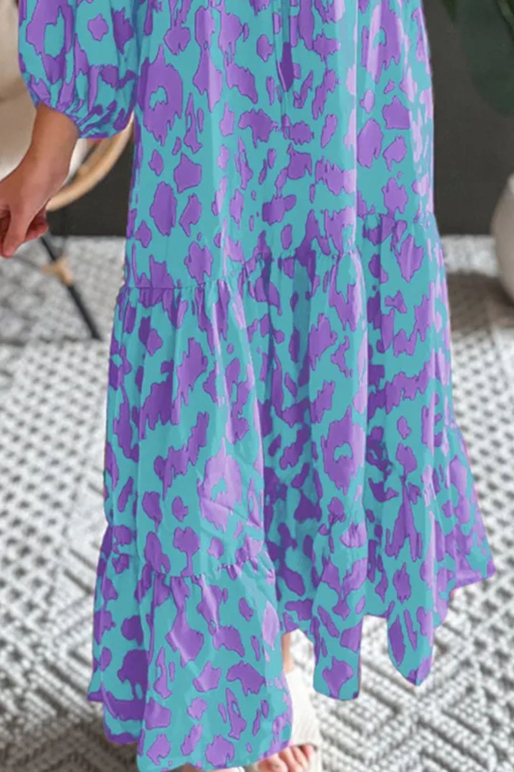 Smocked Printed Tie Neck Long Sleeve Dress.