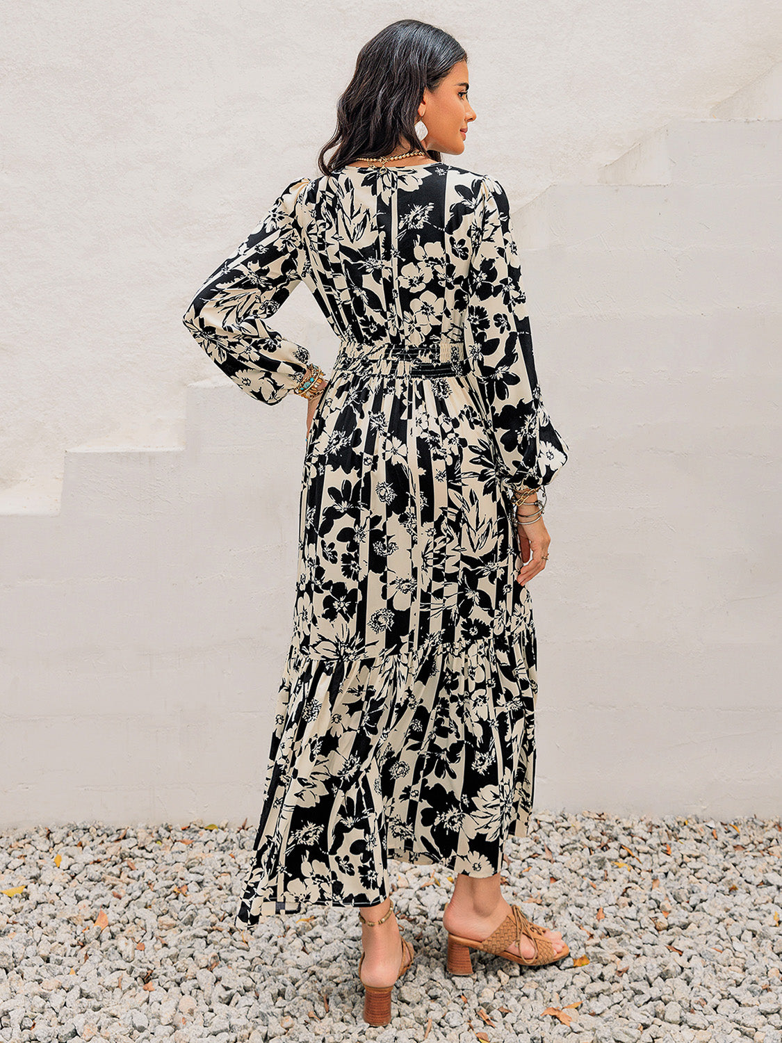 Smocked Printed Tie Neck Long Sleeve Dress.