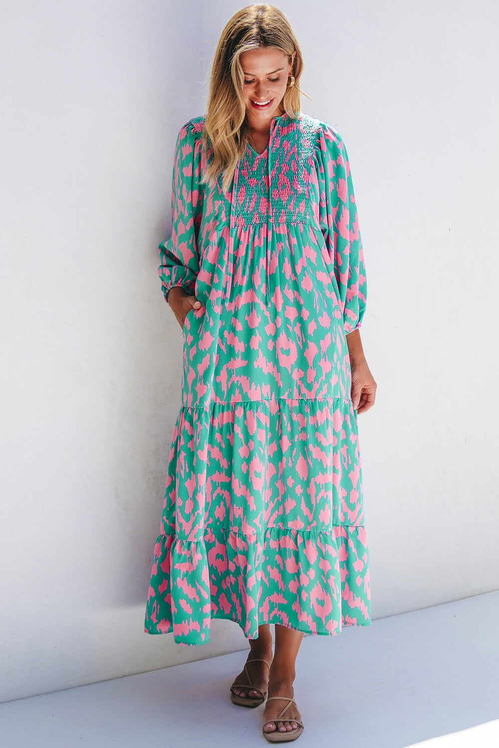 Smocked Printed Tie Neck Long Sleeve Dress.