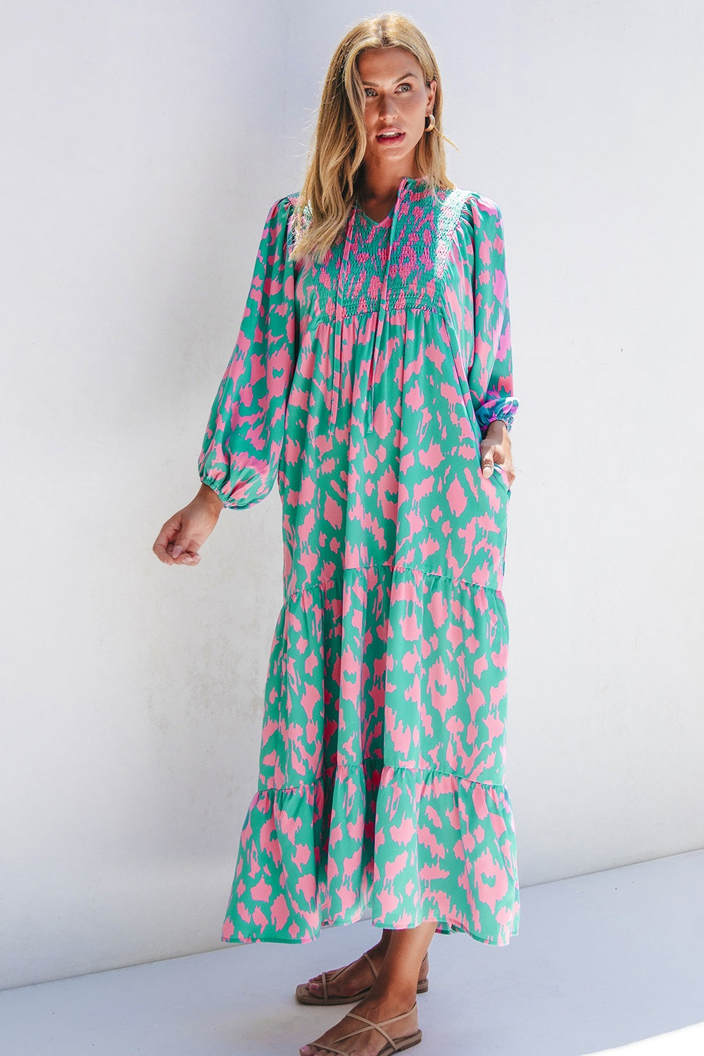 Smocked Printed Tie Neck Long Sleeve Dress.