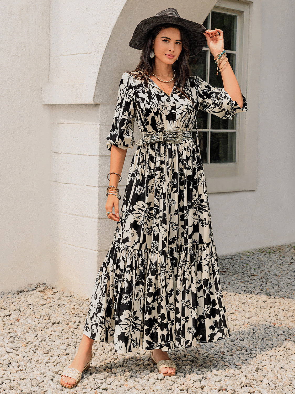 Smocked Printed Tie Neck Long Sleeve Dress.