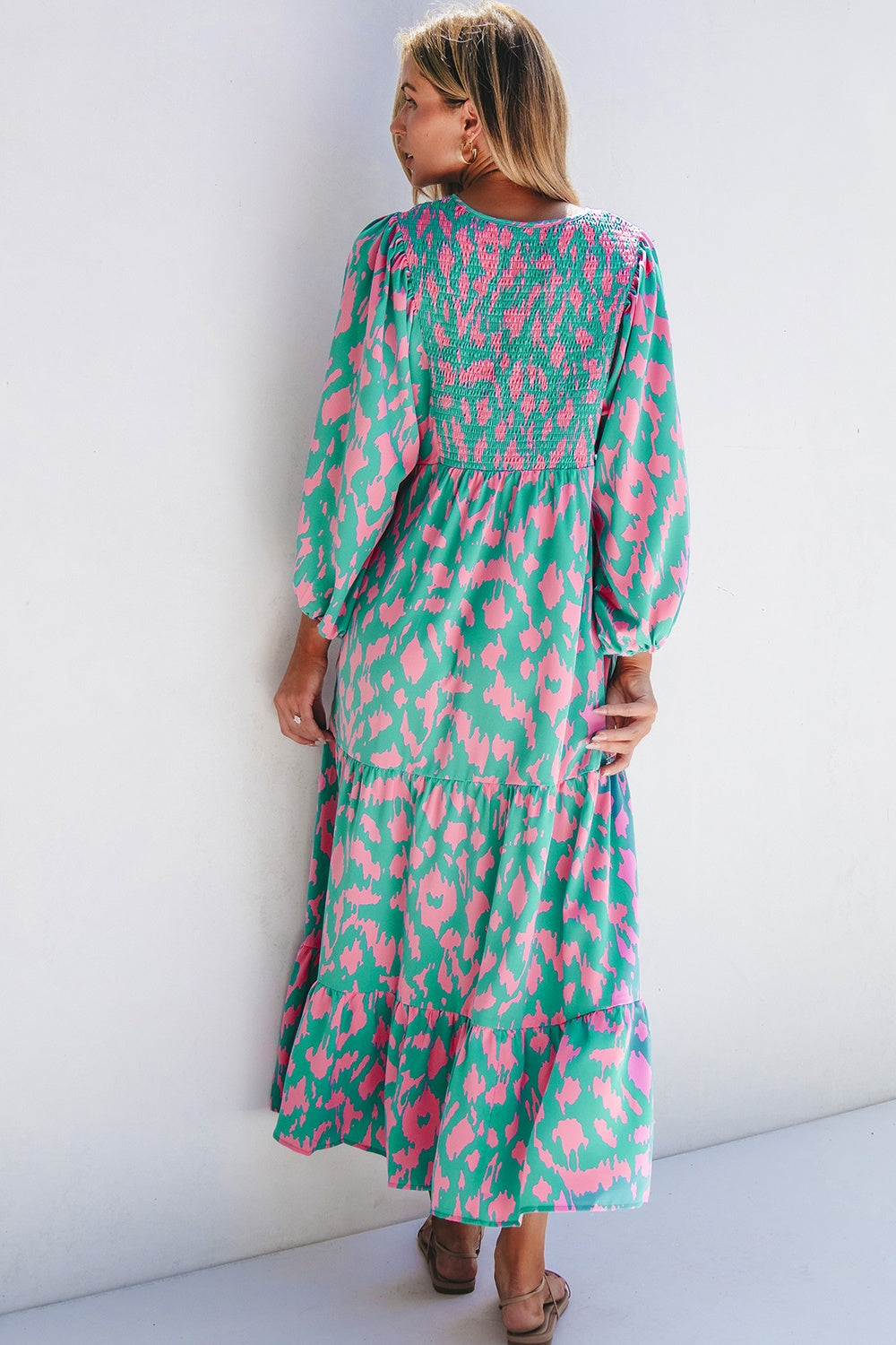 Smocked Printed Tie Neck Long Sleeve Dress.