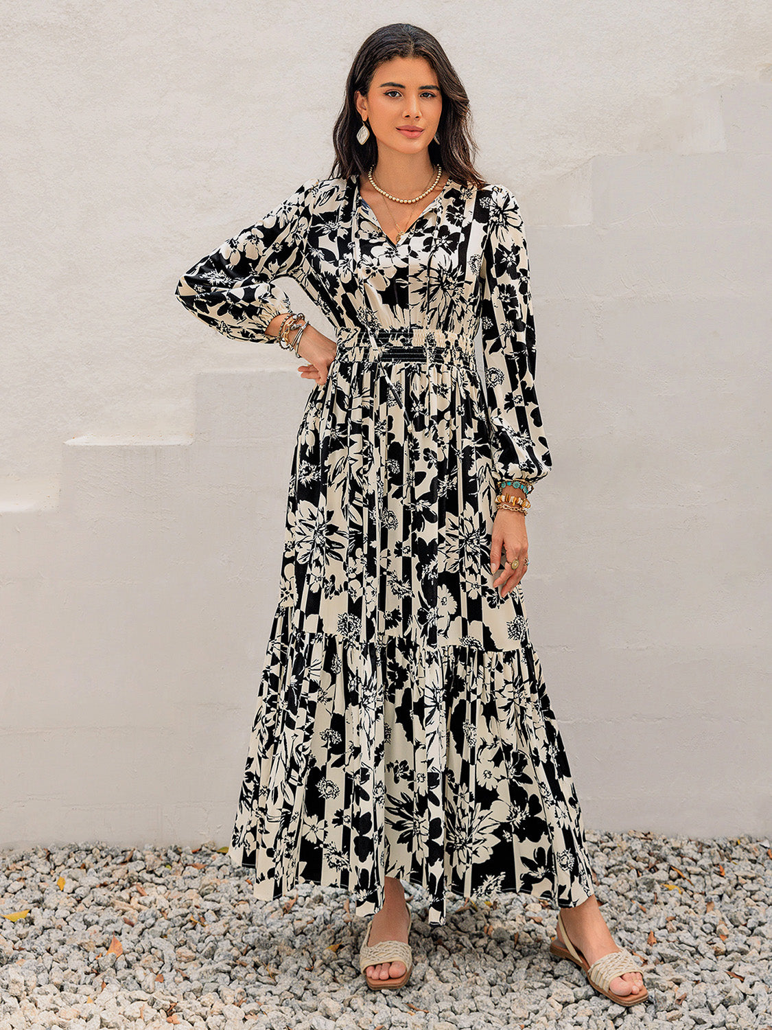 Smocked Printed Tie Neck Long Sleeve Dress.