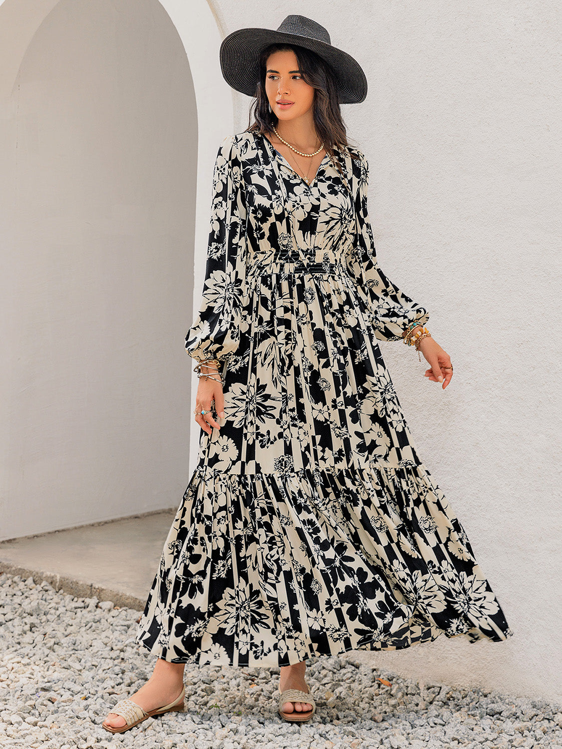 Smocked Printed Tie Neck Long Sleeve Dress.