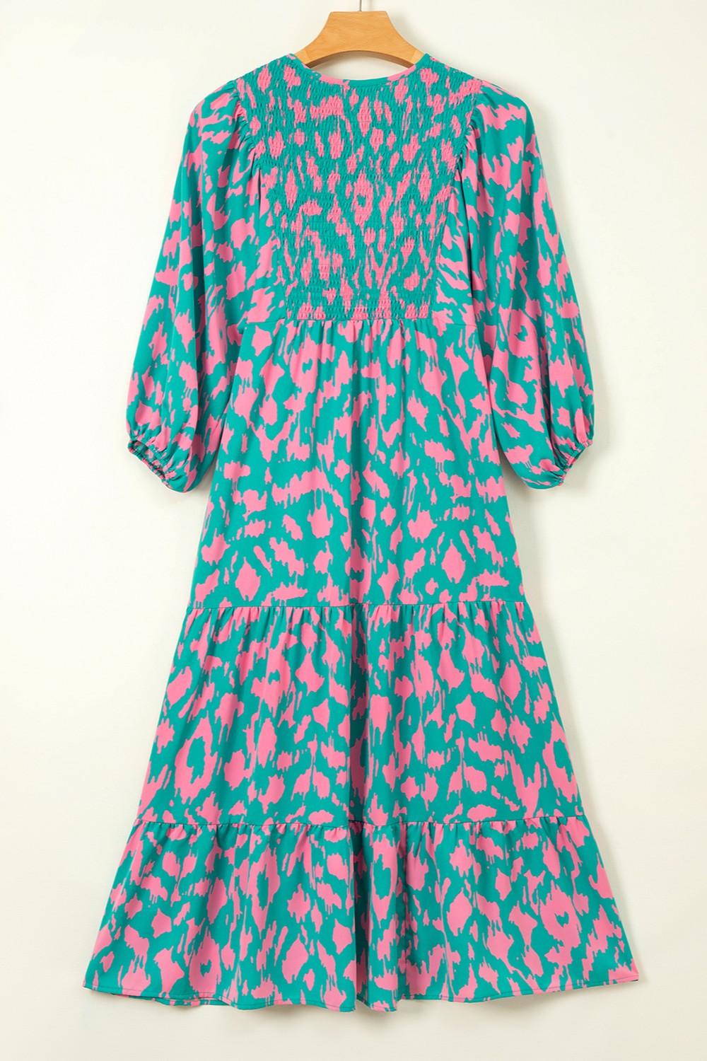 Smocked Printed Tie Neck Long Sleeve Dress.