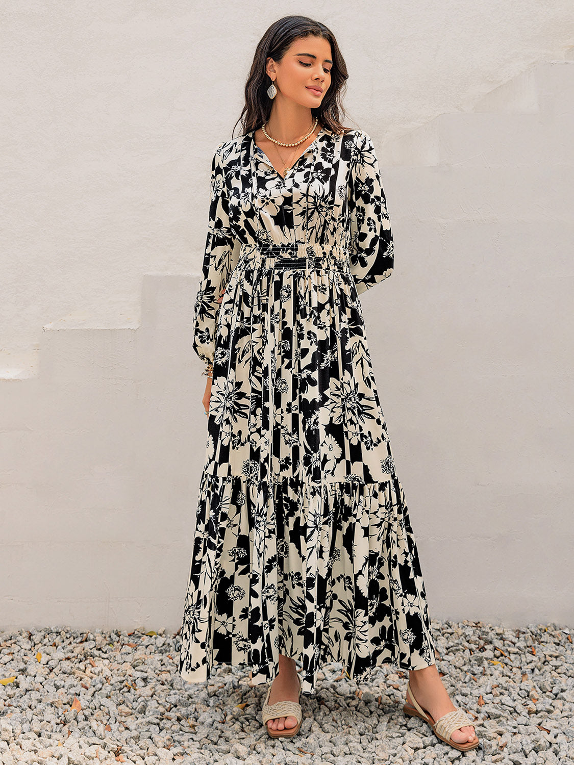 Smocked Printed Tie Neck Long Sleeve Dress.