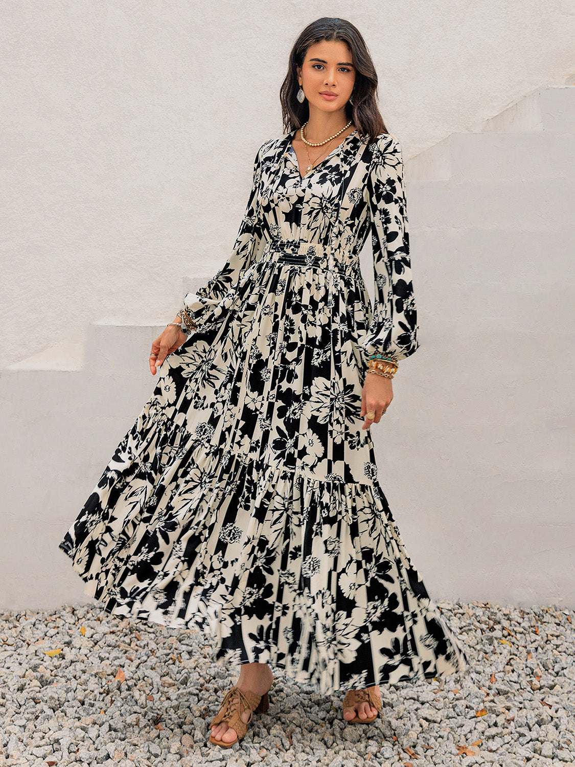 Smocked Printed Tie Neck Long Sleeve Dress.