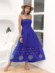 Smocked Printed Tube Midi Dress.