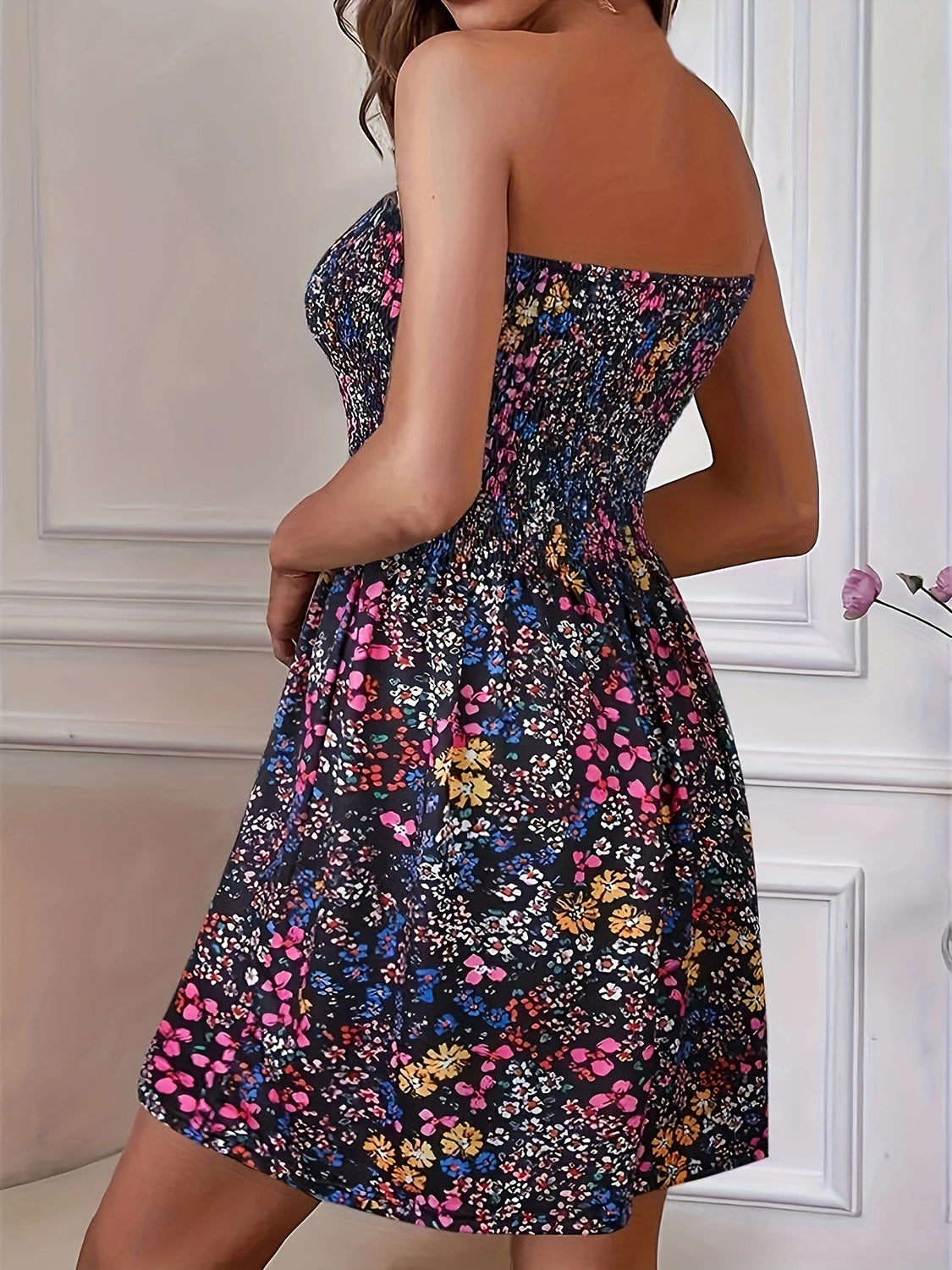 Full Size Smocked Printed Tube Mini Dress.