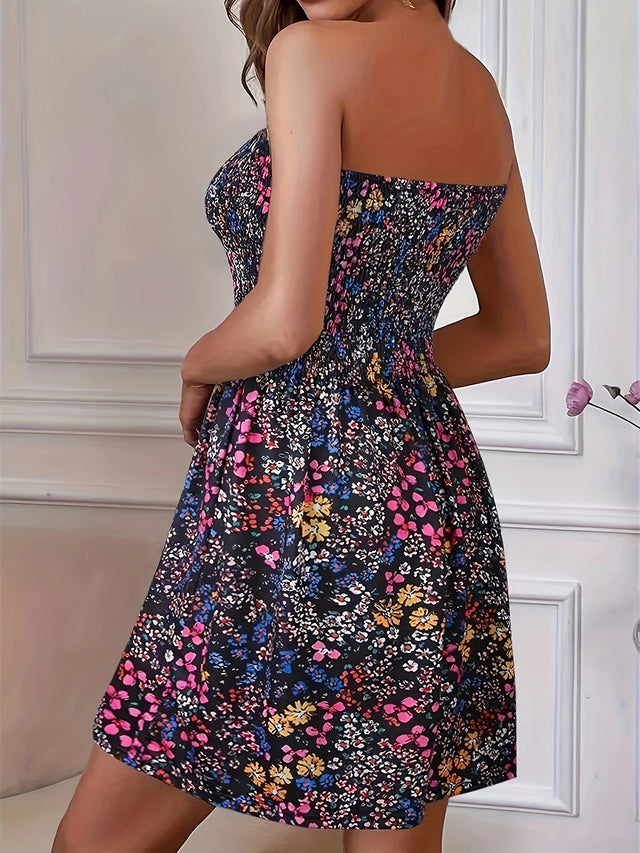 Full Size Smocked Printed Tube Mini Dress.