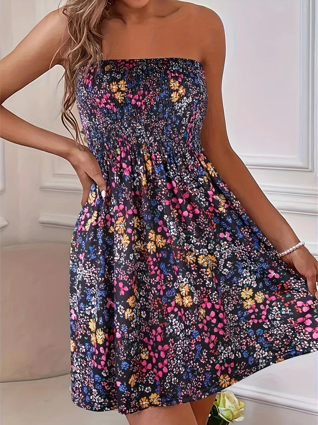 Full Size Smocked Printed Tube Mini Dress.