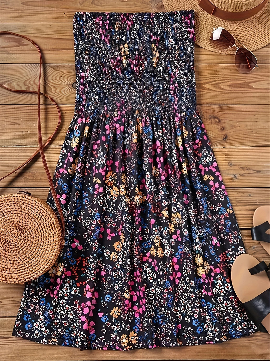 Full Size Smocked Printed Tube Mini Dress.