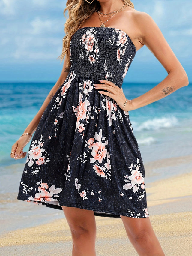 Full Size Smocked Printed Tube Mini Dress.