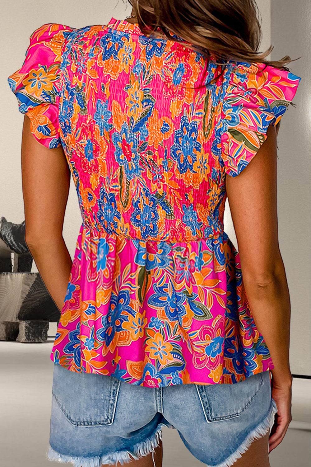 Smocked Printed V-Neck Cap Sleeve Blouse.