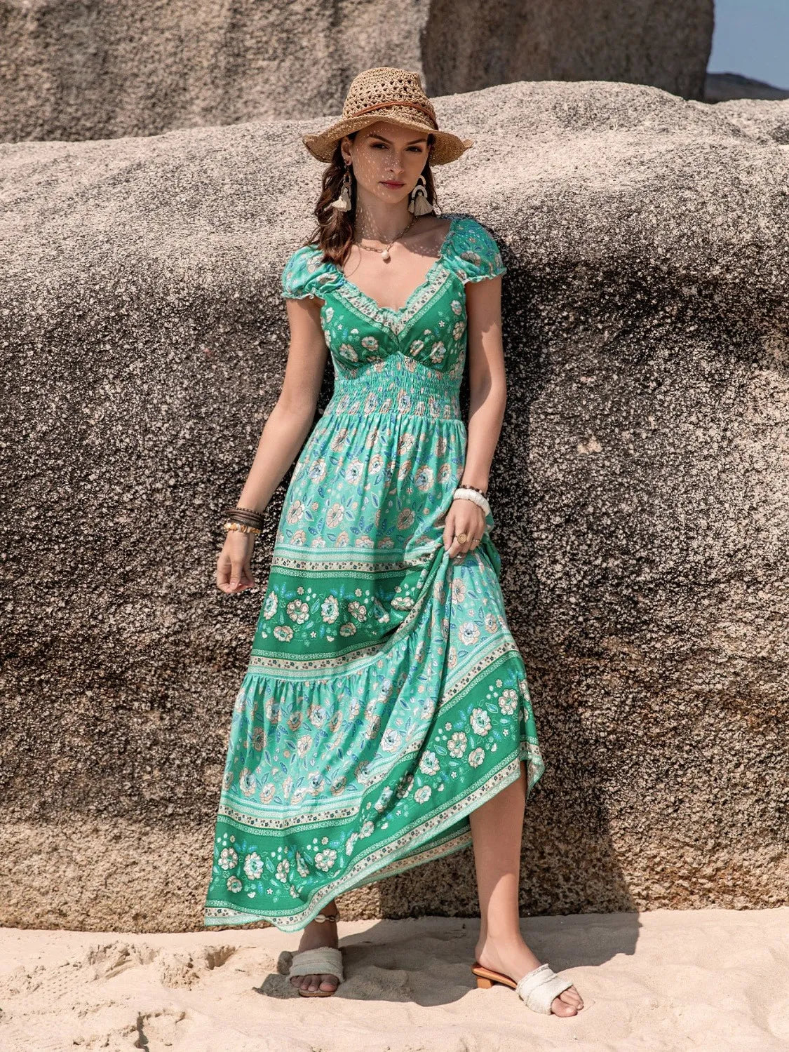 Smocked Printed V-Neck Dress.