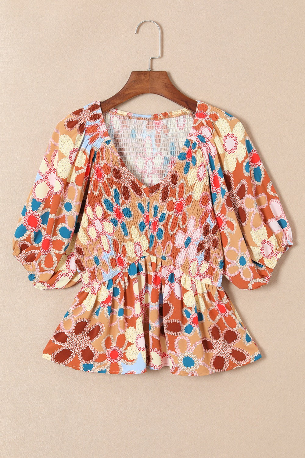 Smocked Printed V-Neck Half Sleeve Blouse.