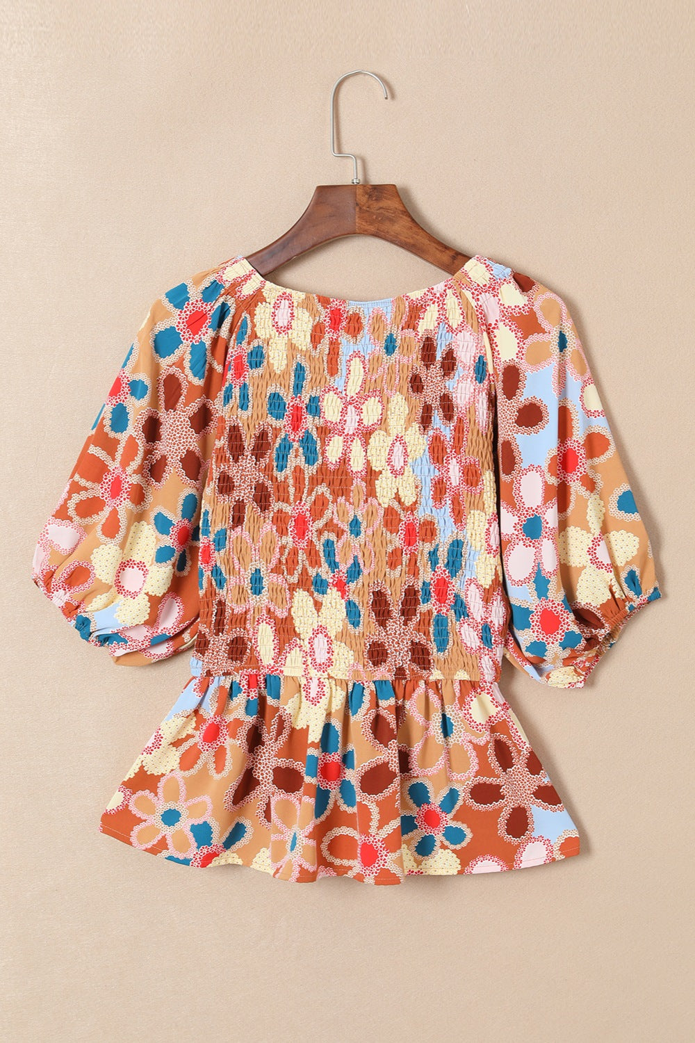 Smocked Printed V-Neck Half Sleeve Blouse.