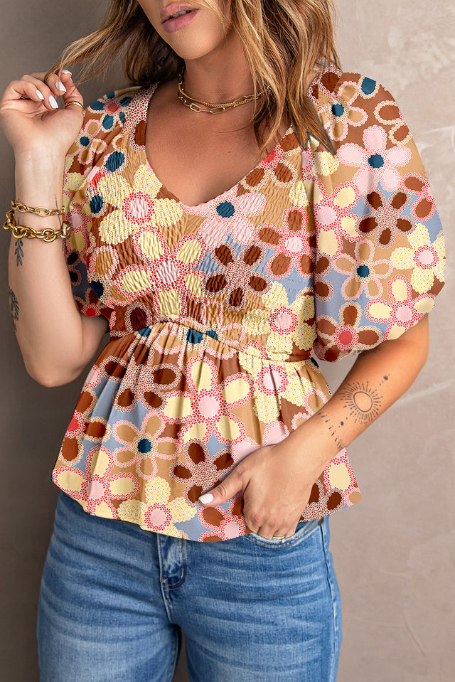 Smocked Printed V-Neck Half Sleeve Blouse.