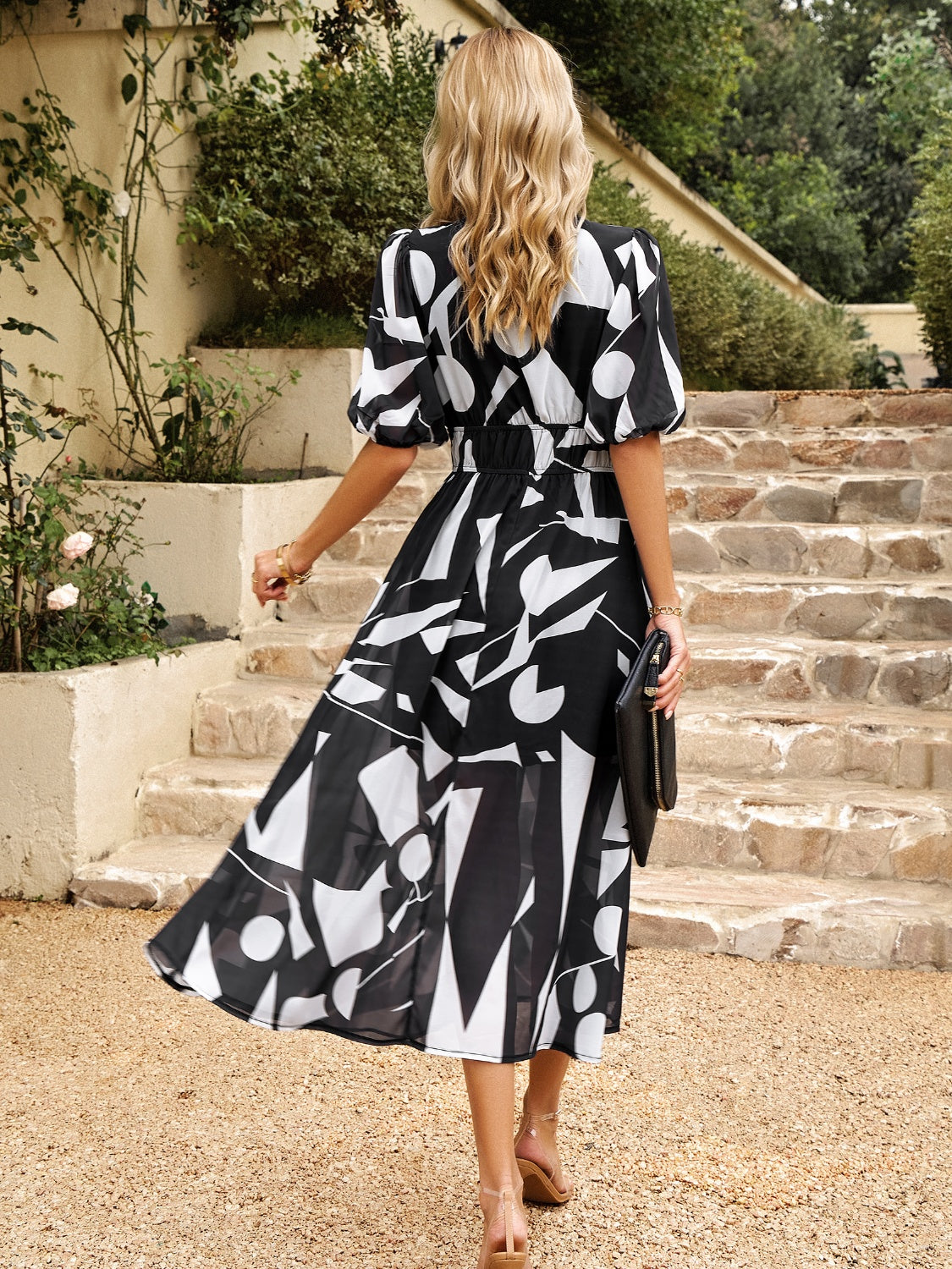 Devine Smocked Printed V-Neck Half Sleeve Midi Dress.