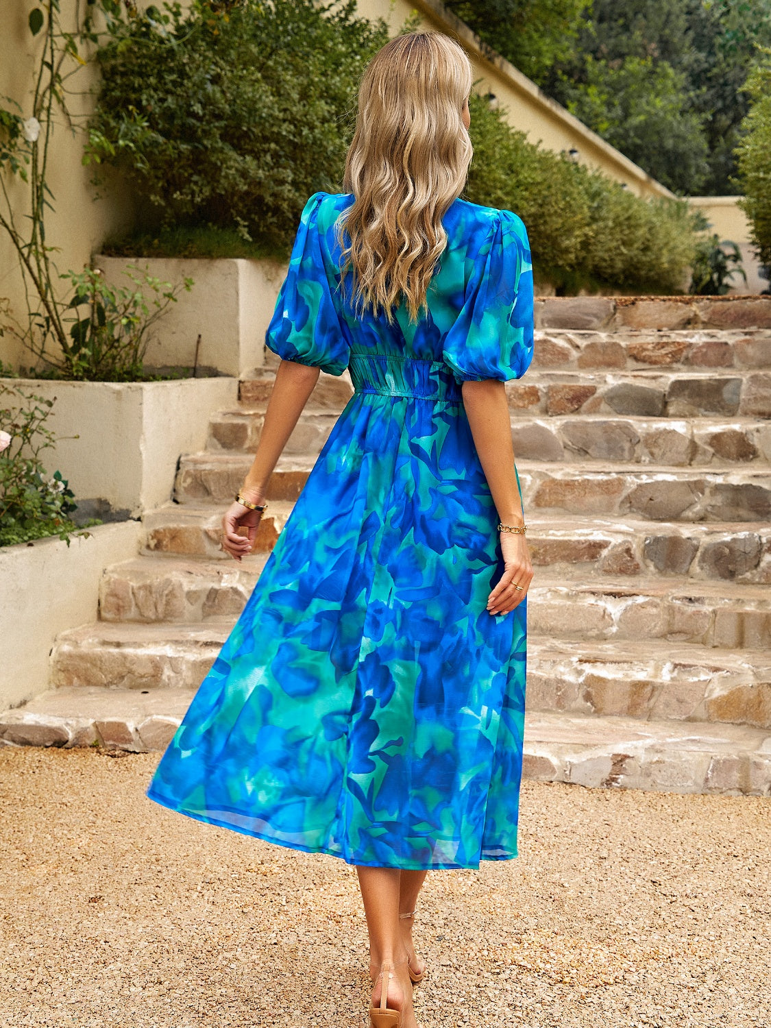 Devine Smocked Printed V-Neck Half Sleeve Midi Dress.