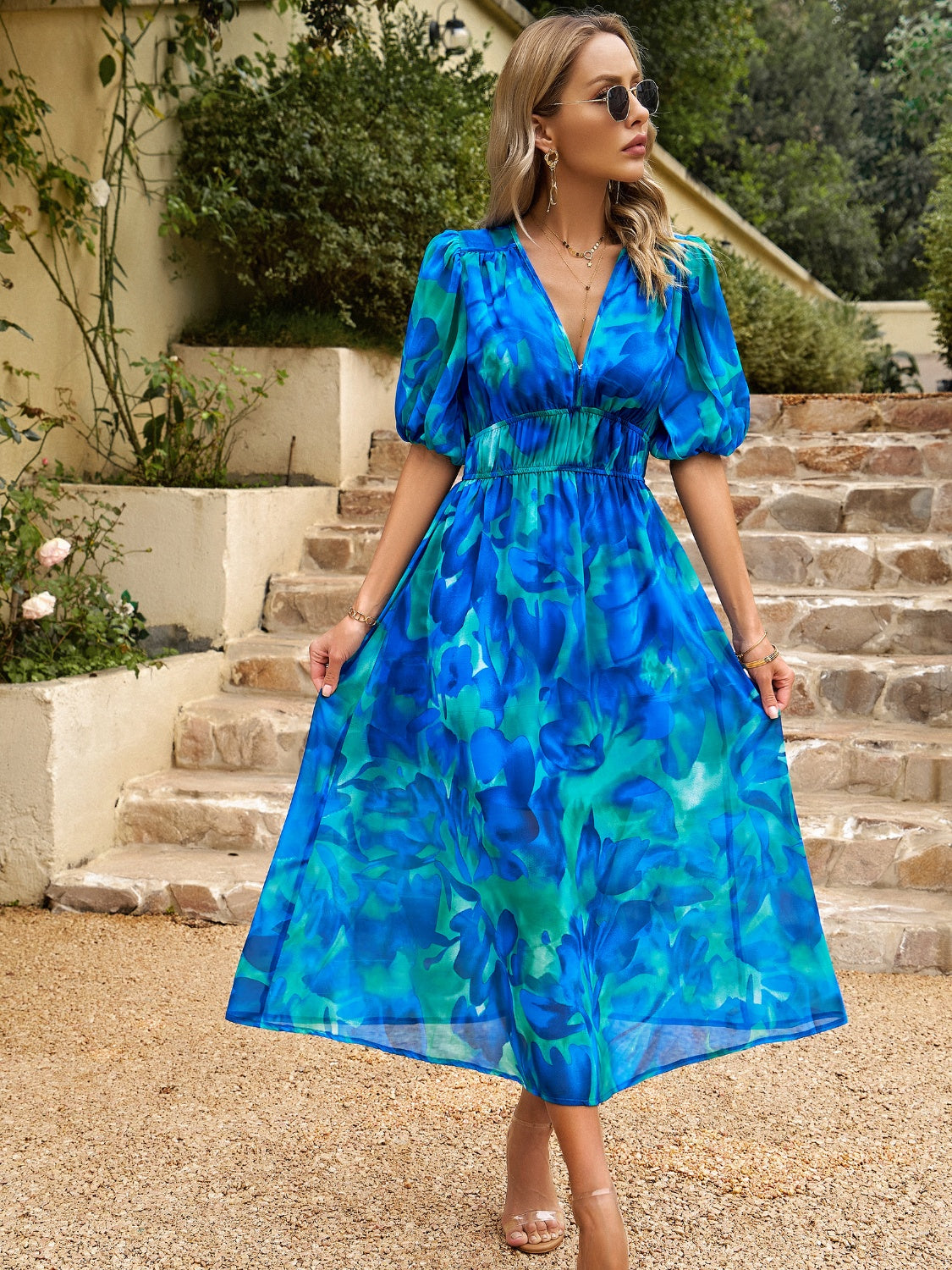 Devine Smocked Printed V-Neck Half Sleeve Midi Dress.