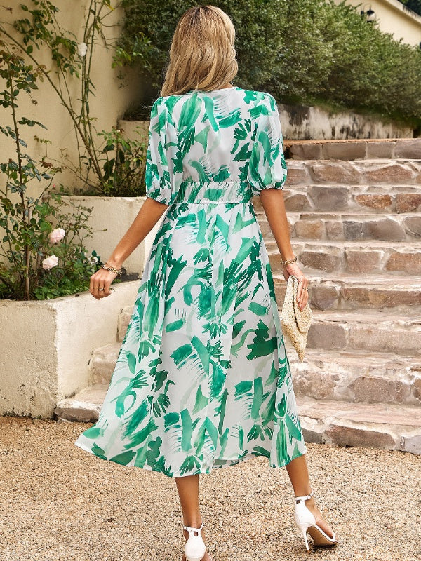 Devine Smocked Printed V-Neck Half Sleeve Midi Dress.