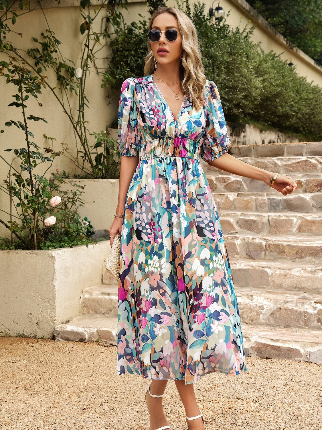 Devine Smocked Printed V-Neck Half Sleeve Midi Dress.