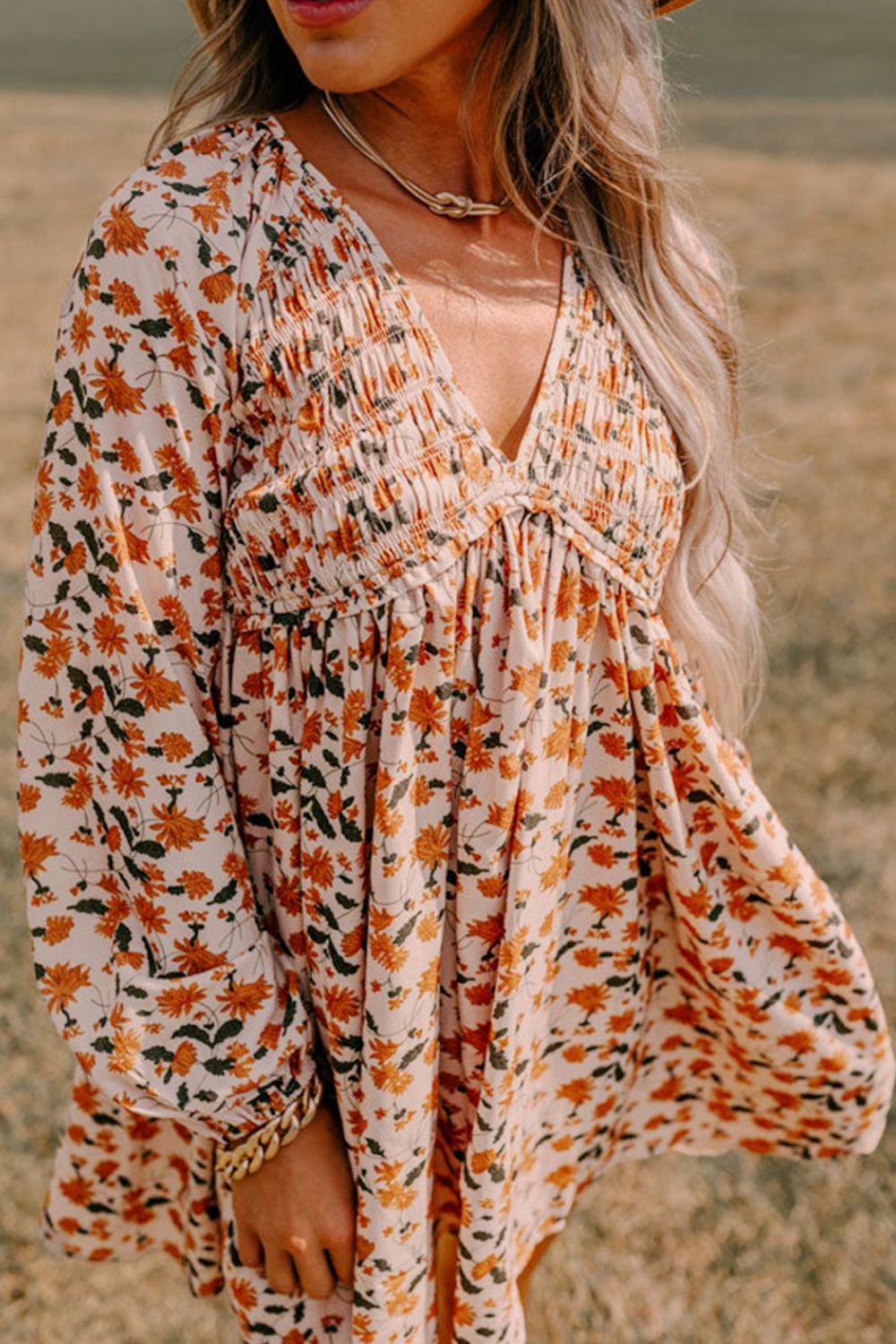 Smocked Printed V-Neck Long Sleeve Dress.