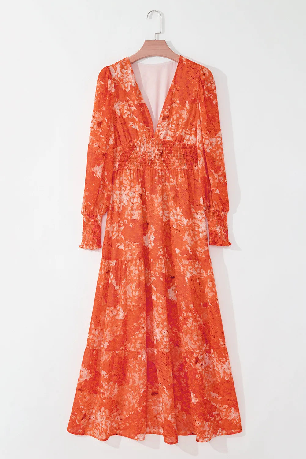 Smocked Printed V-Neck Long Sleeve Dress.