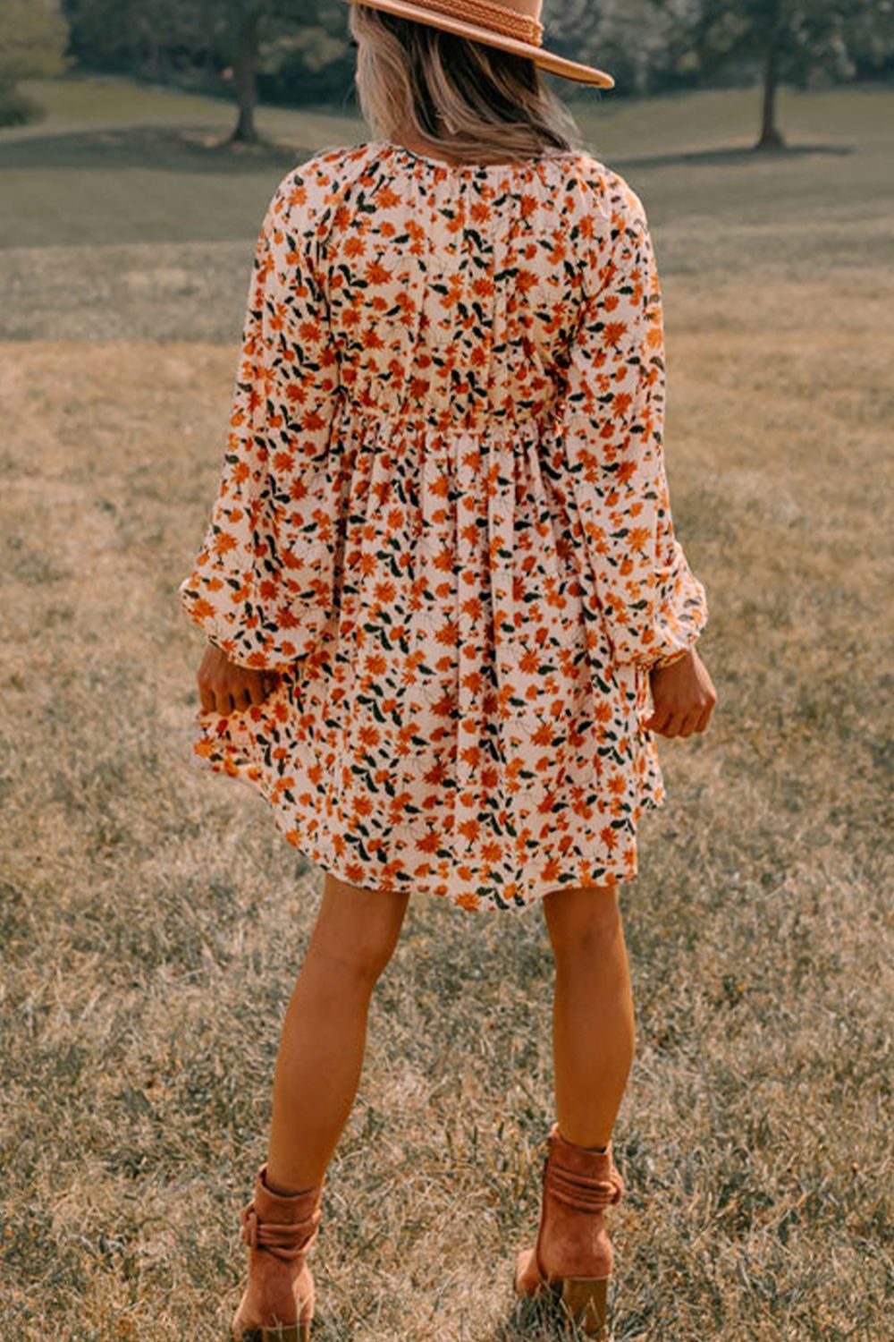 Smocked Printed V-Neck Long Sleeve Dress.