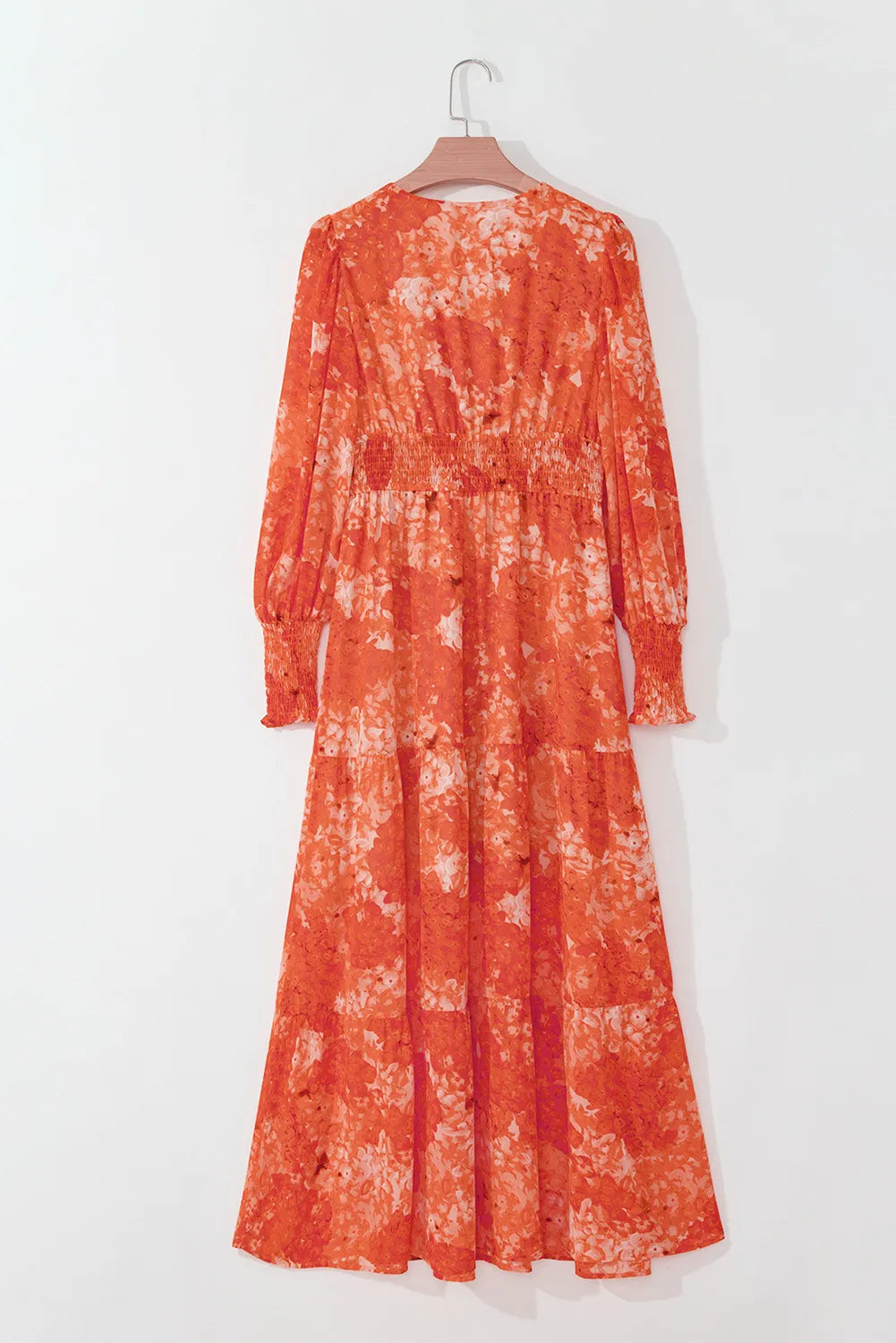 Smocked Printed V-Neck Long Sleeve Dress.
