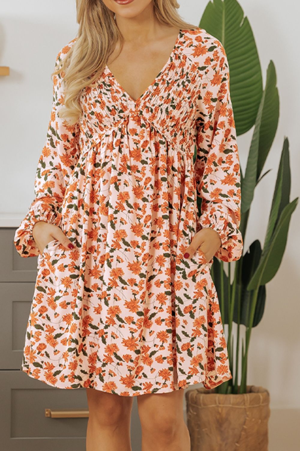 Smocked Printed V-Neck Long Sleeve Dress.