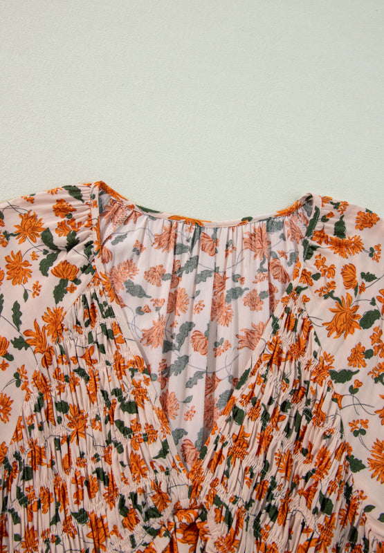 Smocked Printed V-Neck Long Sleeve Dress.